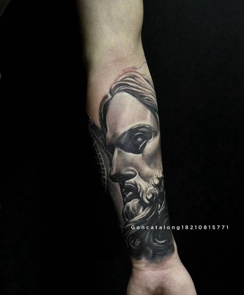 波塞冬纹身图片_手臂欧美写实波塞冬纹身图案