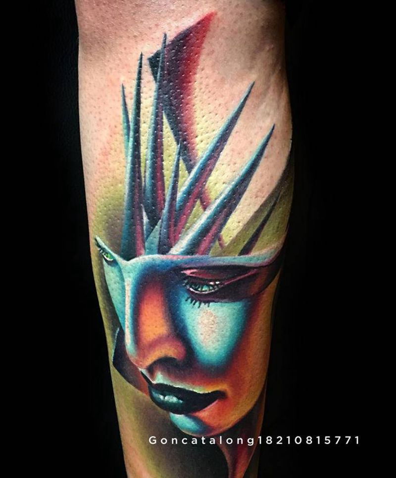 超现实彩色肖像纹身图片_手部腿部欧美写实人物纹身图案
