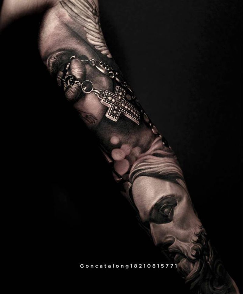 花臂 素描纹身图片_手臂欧美写实人物纹身图案