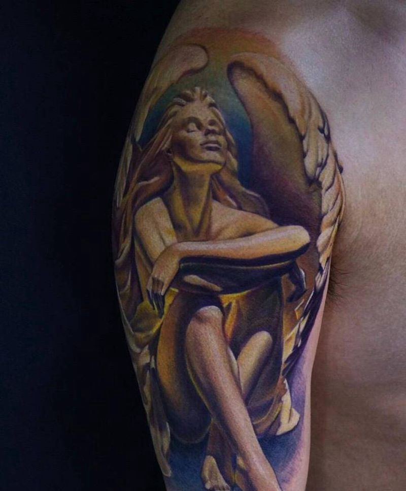 雕塑 天使纹身图片_手臂欧美写实天使纹身图案