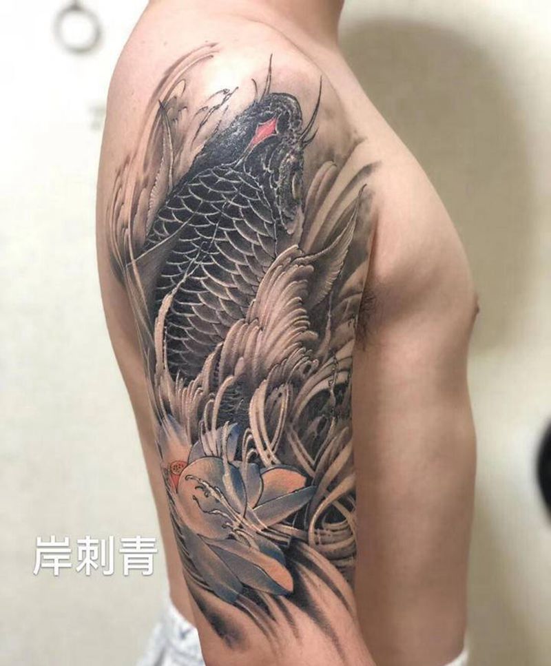 蓝莲花纹身图片_手臂新传统原创纹身图案