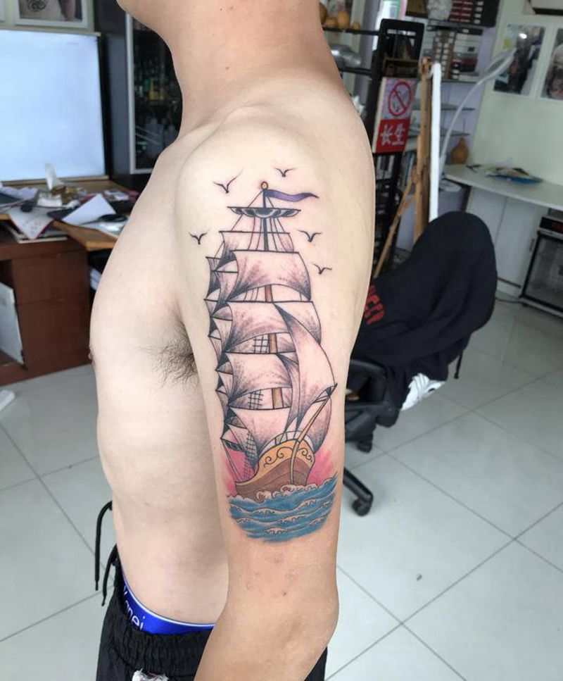 帆船纹身纹身图片_手臂New School船纹身图案