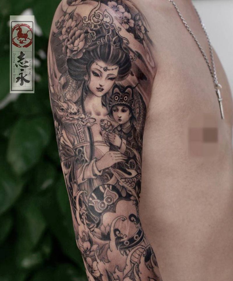志永刺青原创汉服亲子纹身纹身图片_手臂新传统艺伎新传统汉服纹身图案