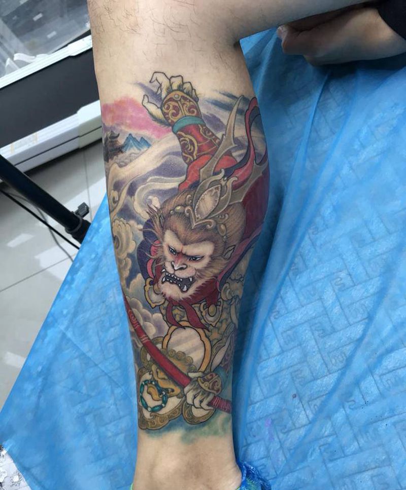 大闹天宫纹身图片_腿部新传统齐天大圣孙悟空美猴王纹身图案