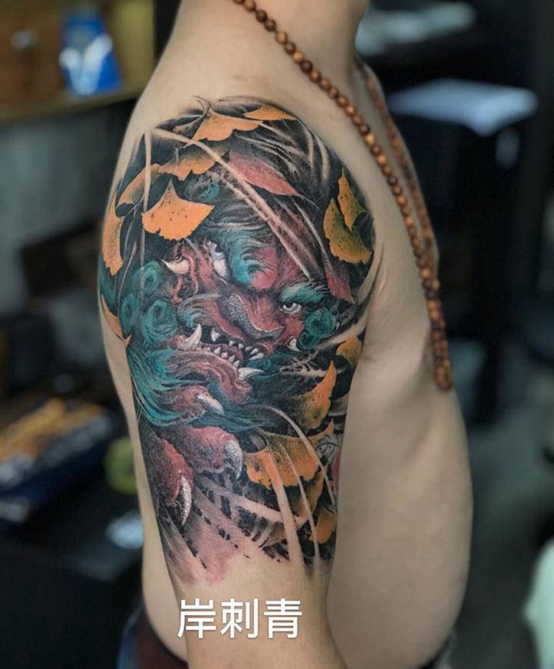 唐狮纹身图片_手臂新传统纹身图案