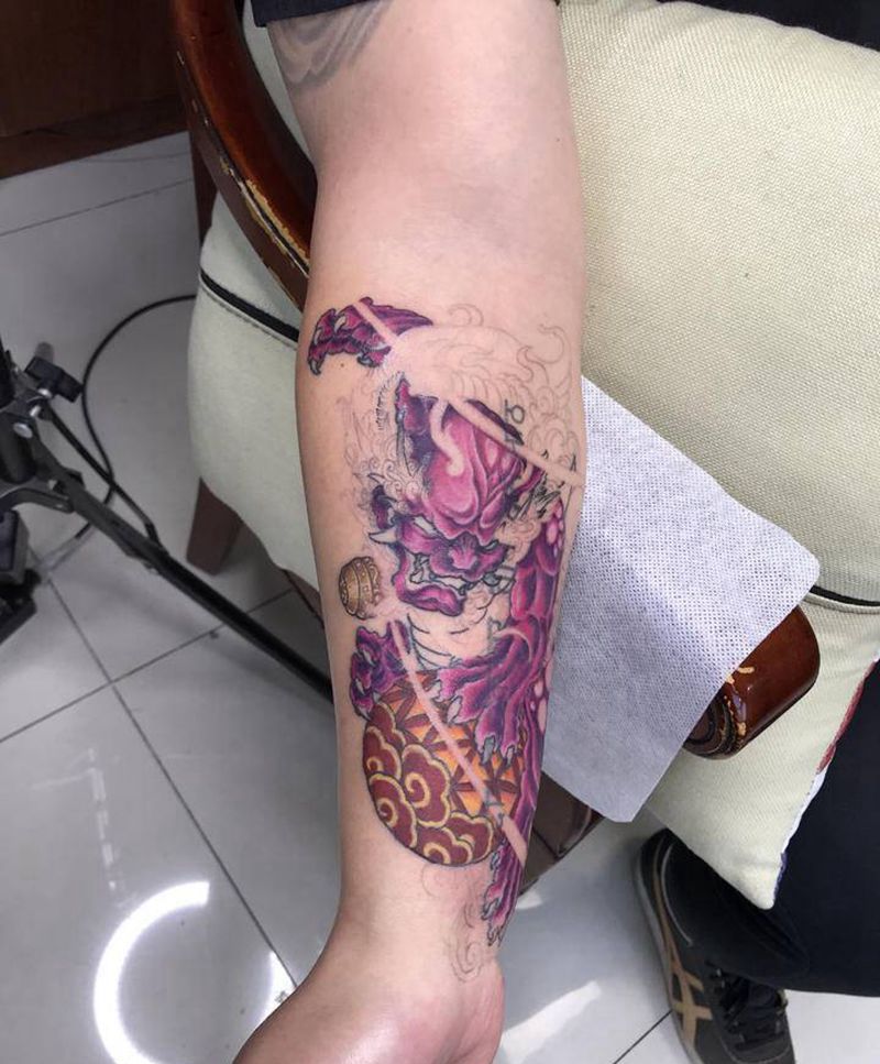 唐狮子纹身,未完成纹身图片_手臂新传统唐狮子纹身纹身图案