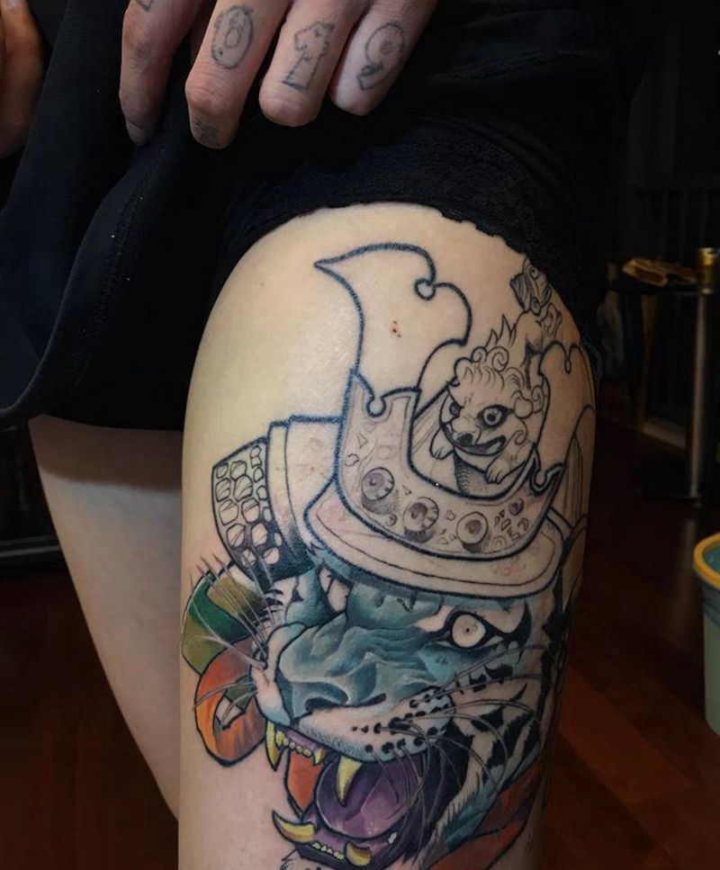 new school虎头纹身图片_腿部New School纹身图案