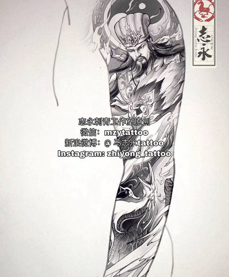 志永刺青原创诸葛亮整臂纹身图片_手臂新传统诸葛亮纹身图案
