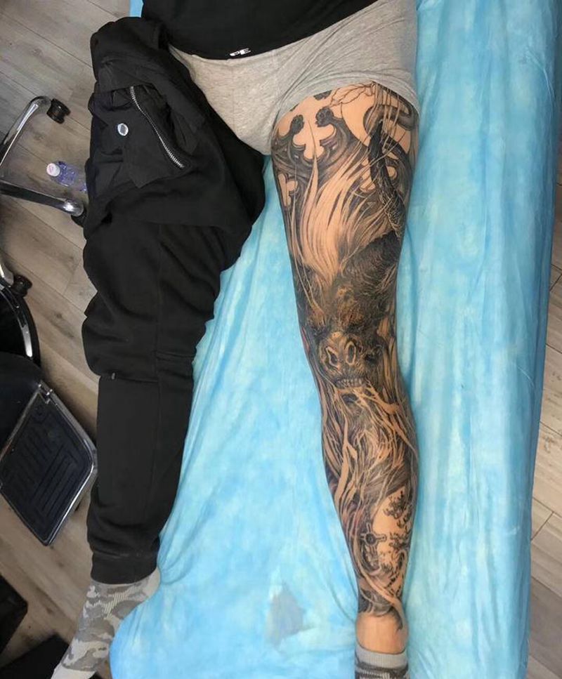 未完纹身图片_腿部水彩纹身图案