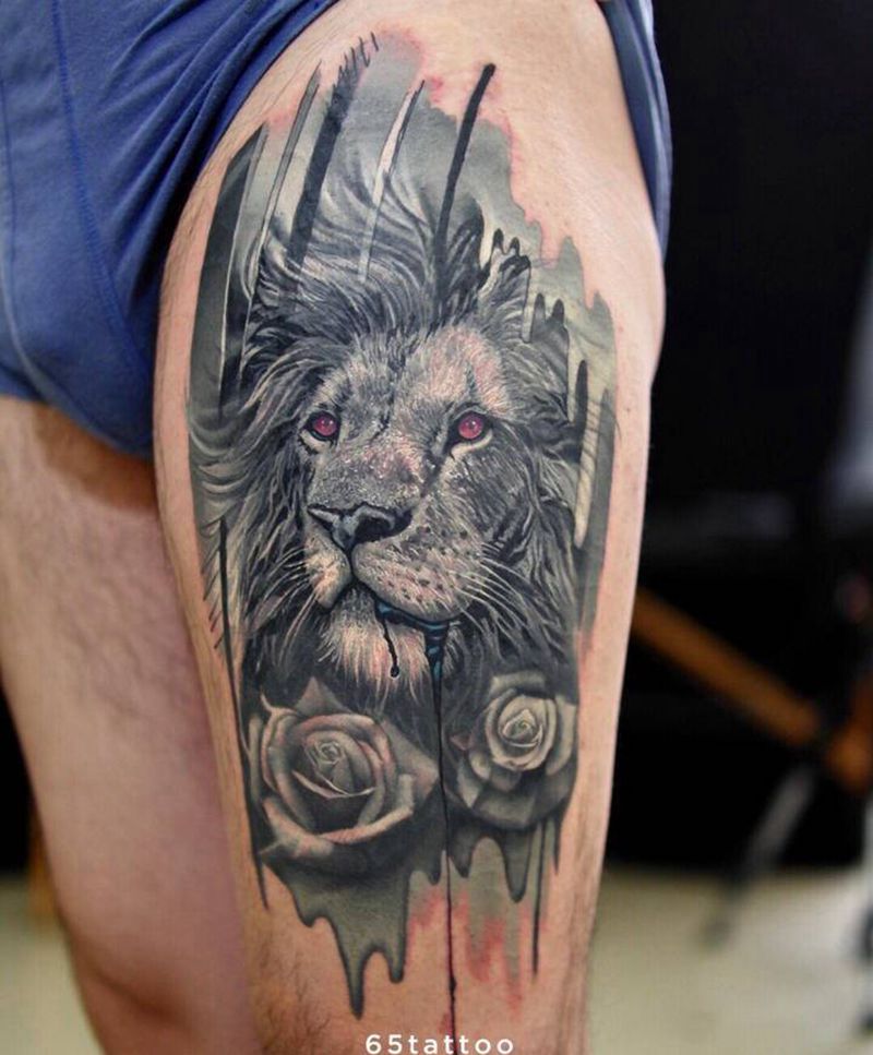 修改 狮子纹身图片_腿部欧美写实纹身图案