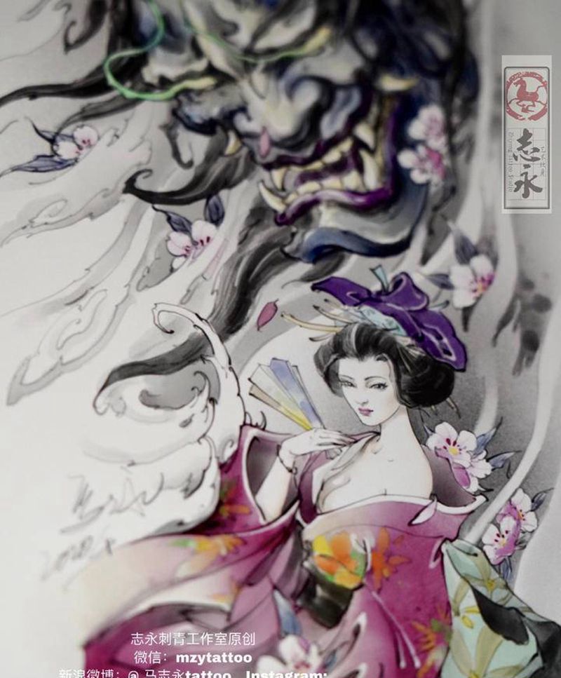 般若艺伎整臂设计纹身图片_手臂新传统般若艺伎志永纹身纹身图案