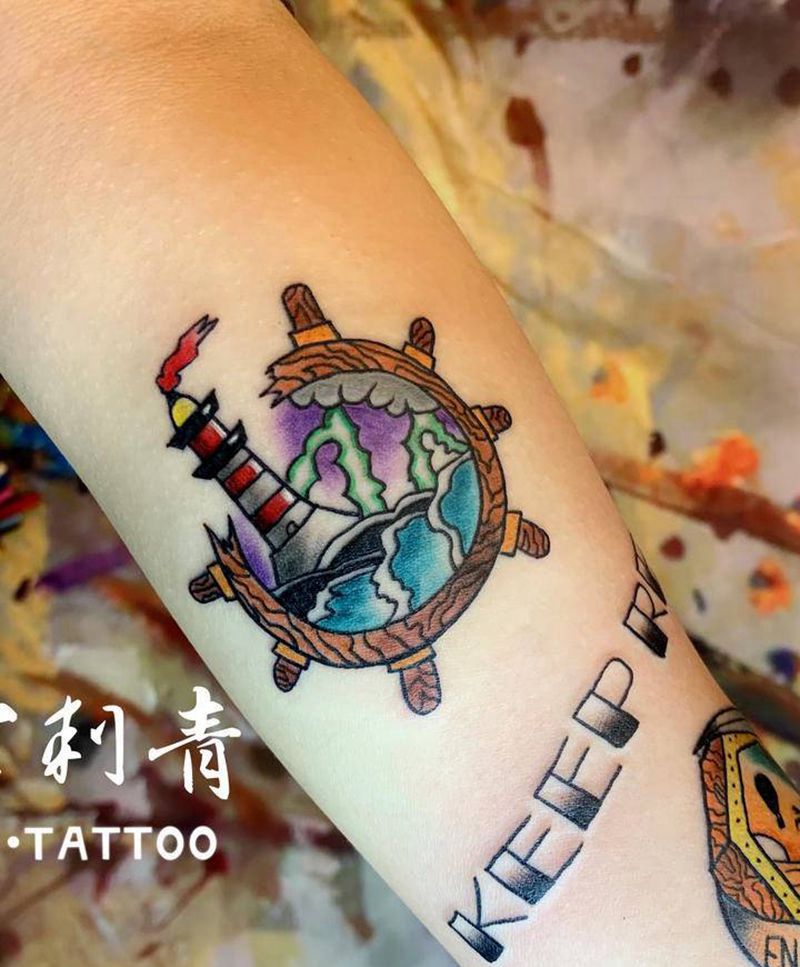 暸望塔纹身图片_手臂Old School纹身图案