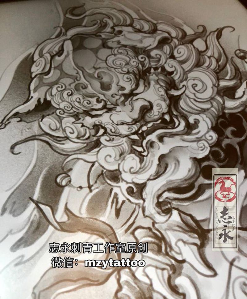 志永纹身唐狮设计纹身图片_手臂新传统唐狮纹身图案