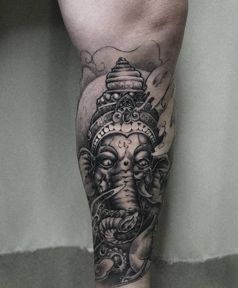 象神纹身图片_腿部新传统纹身图案