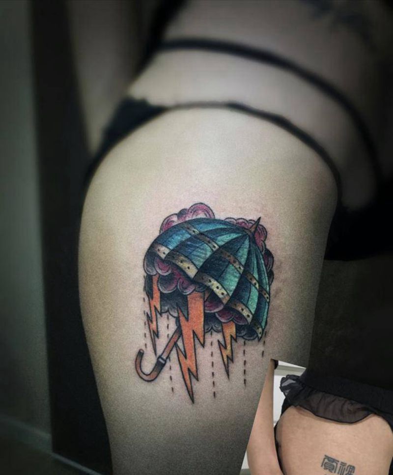 遮风避雨的伞纹身图片_腿部纹身图案