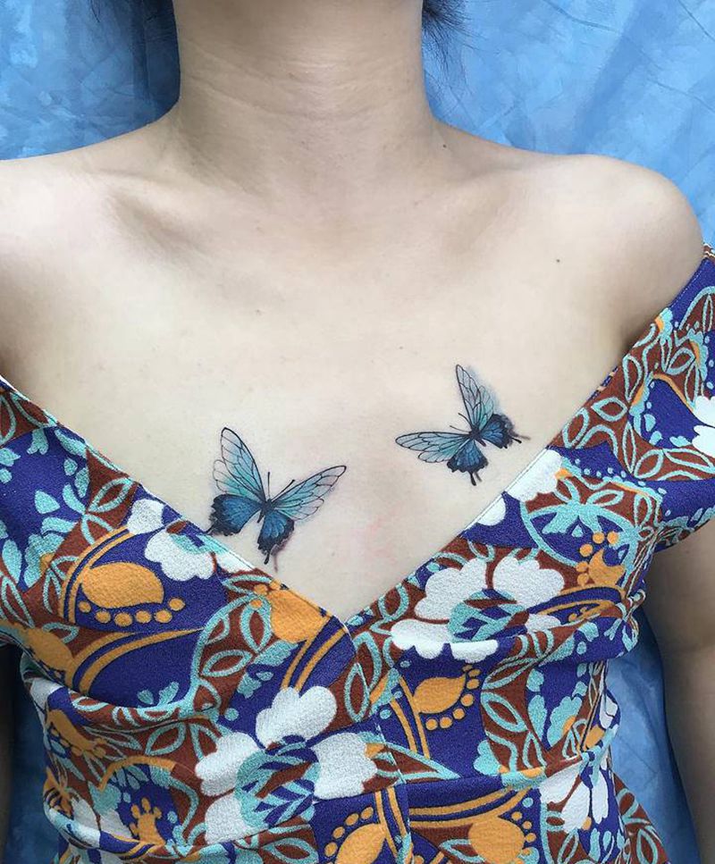 蝴蝶纹身纹身图片_胸部清新纹身图案