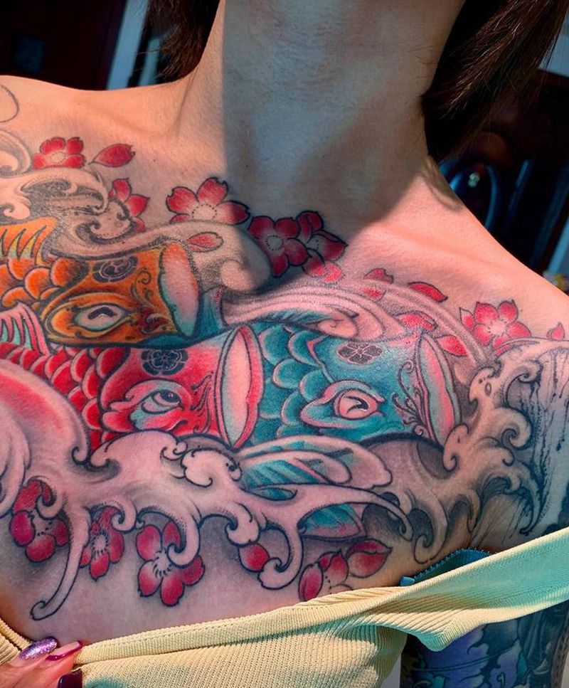 花胸水浪鲤鱼旗纹身图片_颈部胸部新传统纹身图案