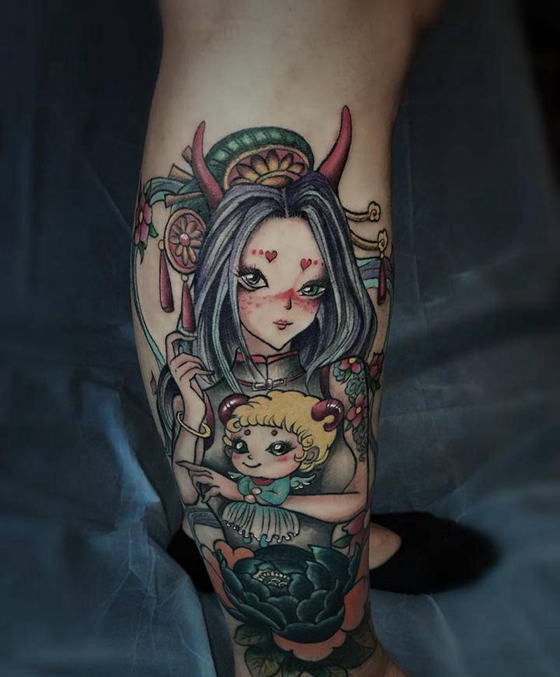 龙妈咪羊宝贝纹身图片_腿部Old SchoolNew School纹身图案