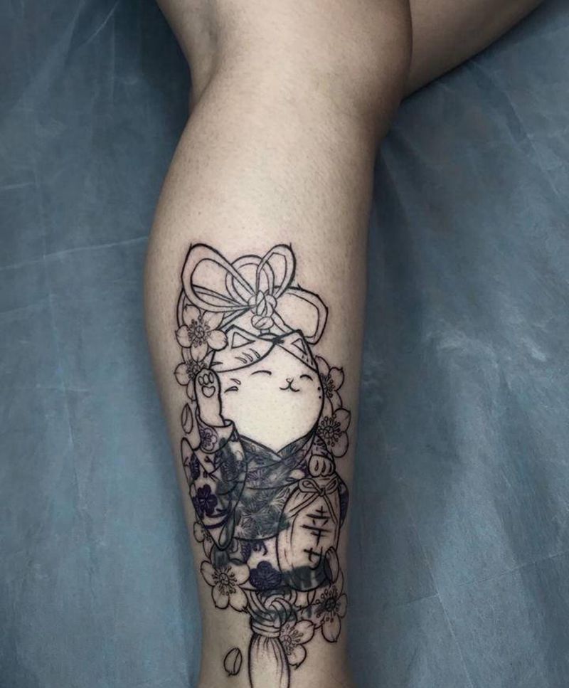 喵纹身图片_腿部New School纹身图案