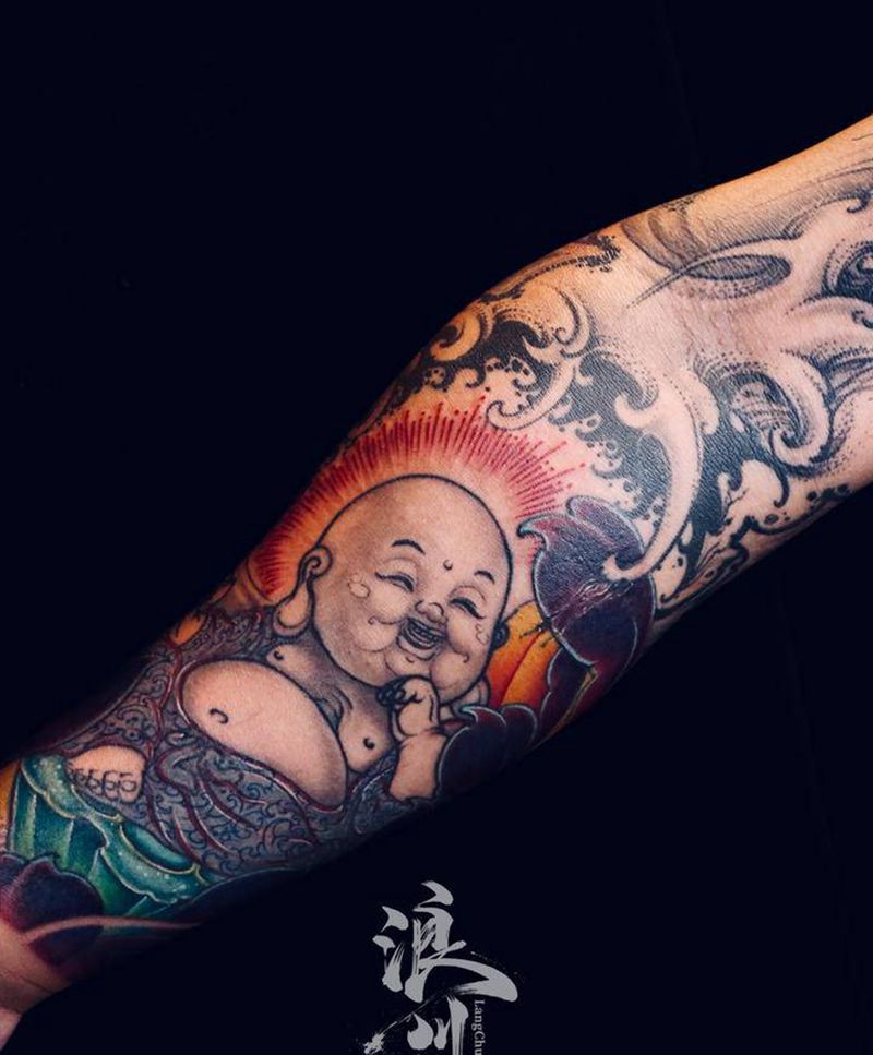 水浪小佛纹身图片_手臂手部新传统纹身图案