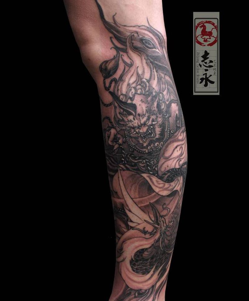 志永刺青原创- 风神纹身图片_腿部新传统风神纹身图案