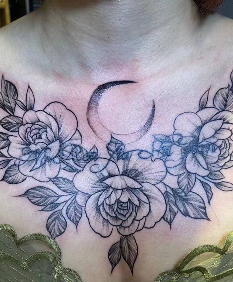 花胸纹身图片_胸部颈部几何点刺纹身图案