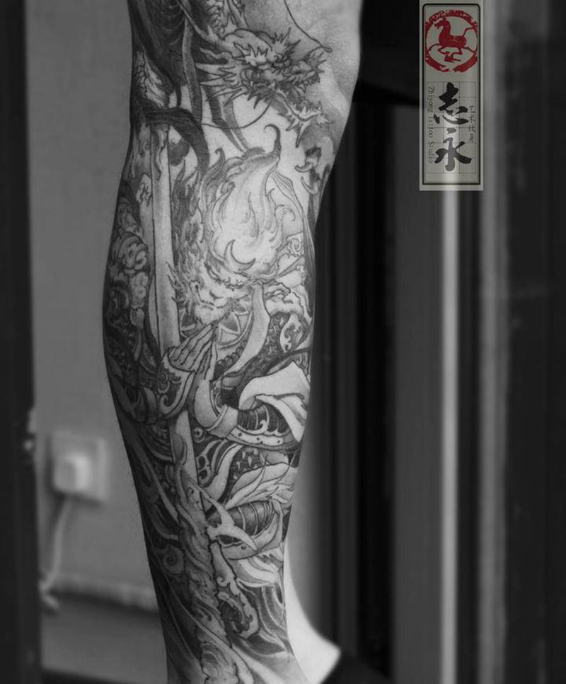 悟空凤凰包小腿纹身图片_腿部新传统悟空凤凰纹身图案