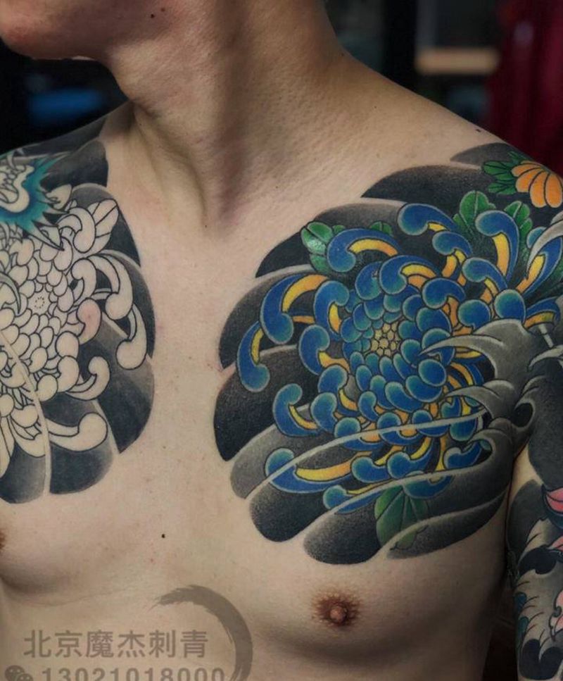 双半甲纹身图片_肩部新传统老传统纹身图案