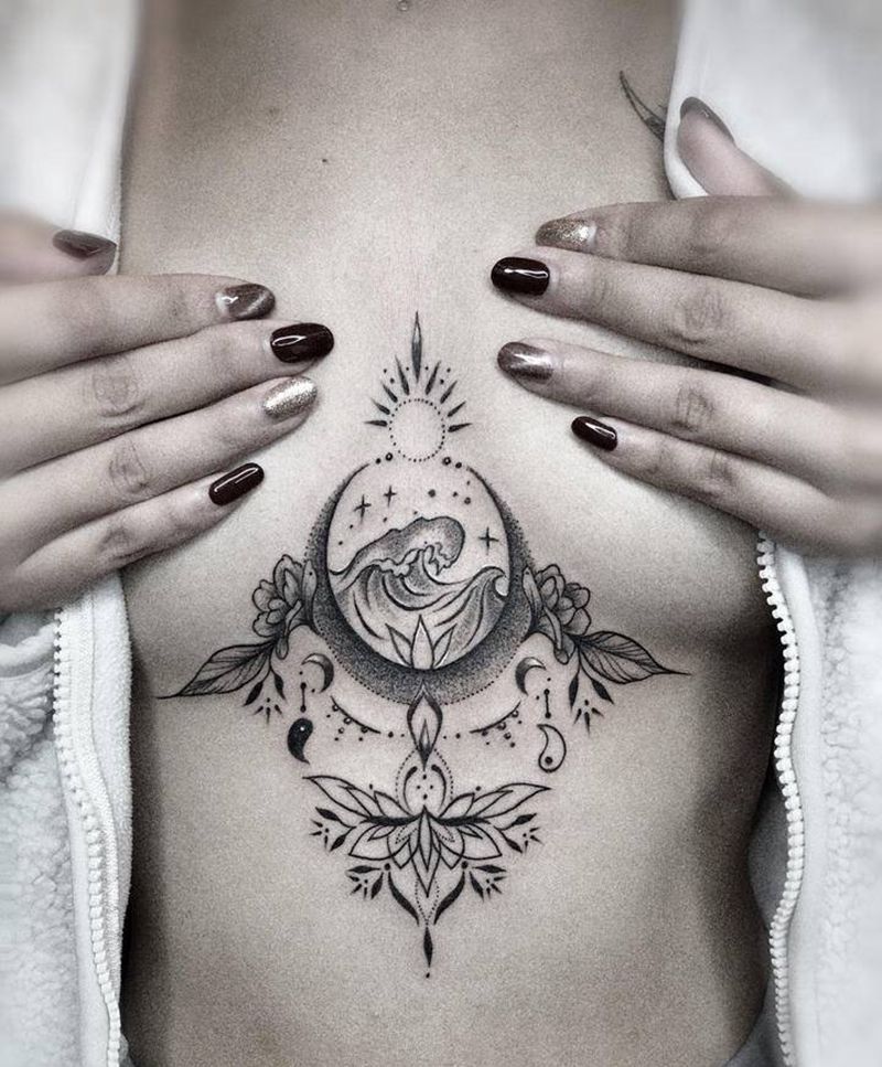 胸花纹身图片_胸部点刺纹身图案