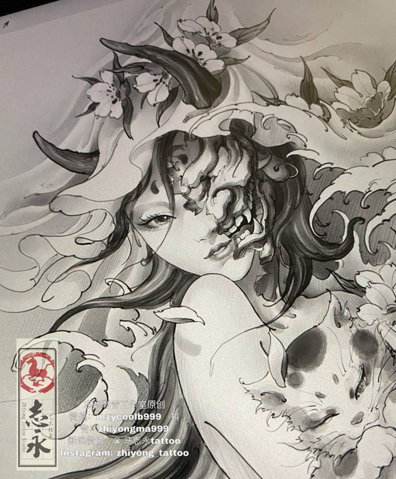 志永原创般若女纹身图片_手臂腿部新传统艺伎般若志永纹身纹身图案