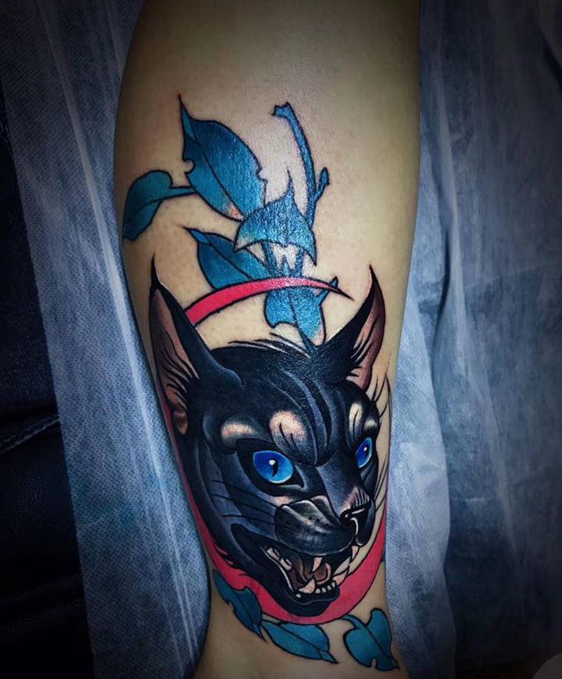 猫纹身图片_腿部New School纹身图案