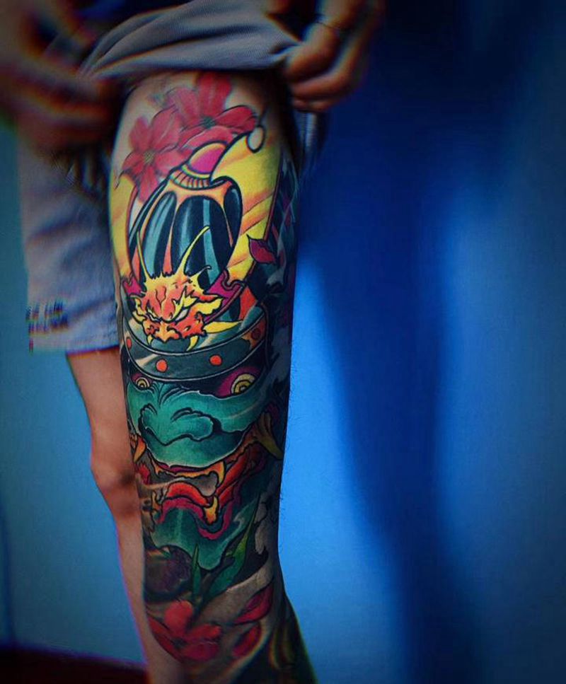 花腿纹身图片_腿部新传统纹身图案