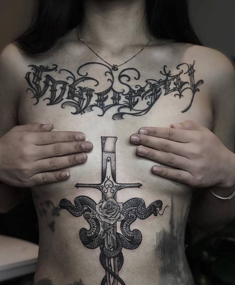 双蛇胸花纹身图片_胸部点刺纹身图案