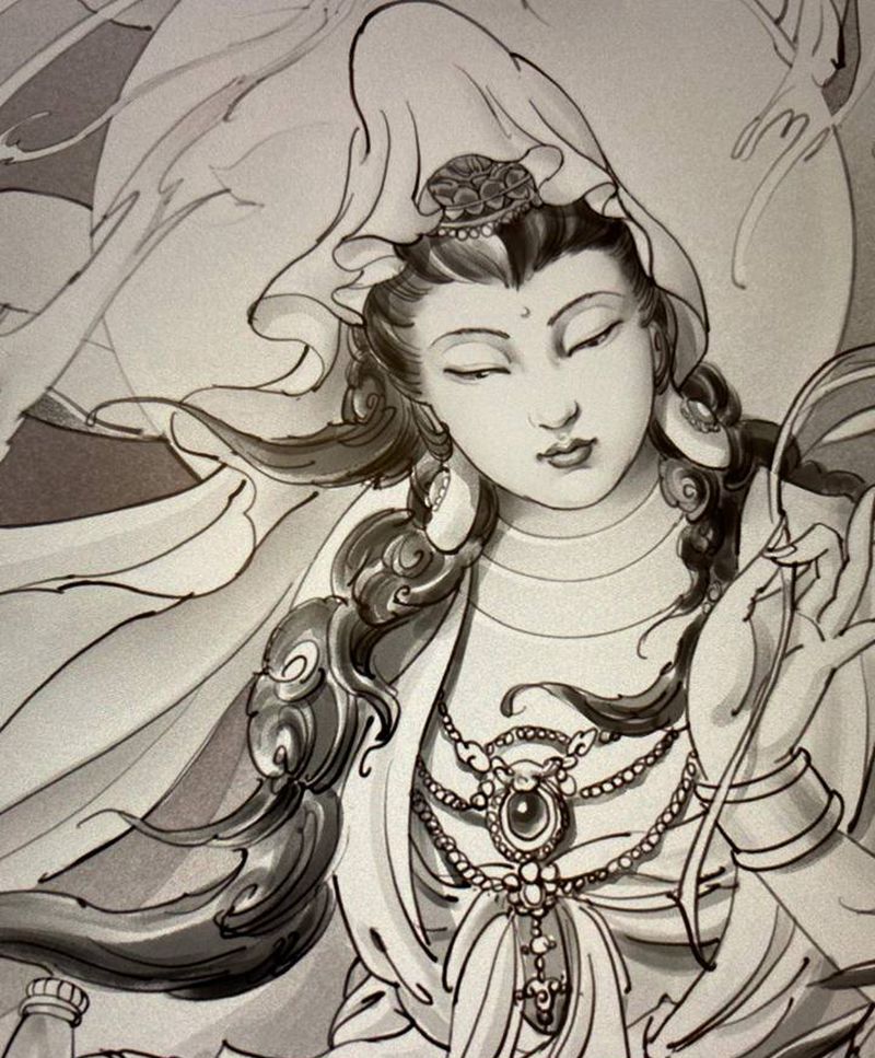 志永刺青观音设计纹身图片_背部手臂新传统观音志永纹身纹身图案