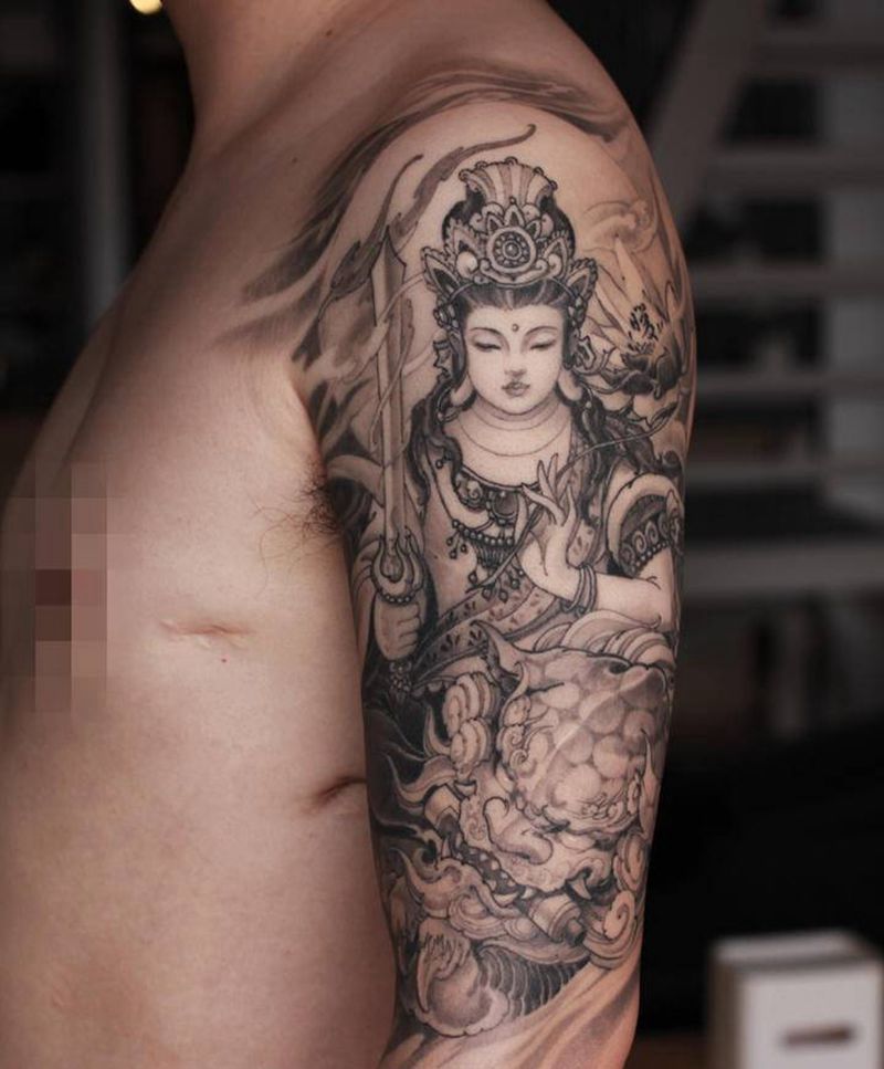 原创文殊菩萨纹身图片_手臂新传统文殊菩萨志永刺青北京纹身纹身图案