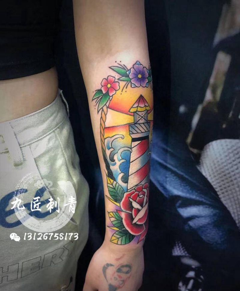 灯塔纹身图片_手臂手部Old School灯塔纹身图案