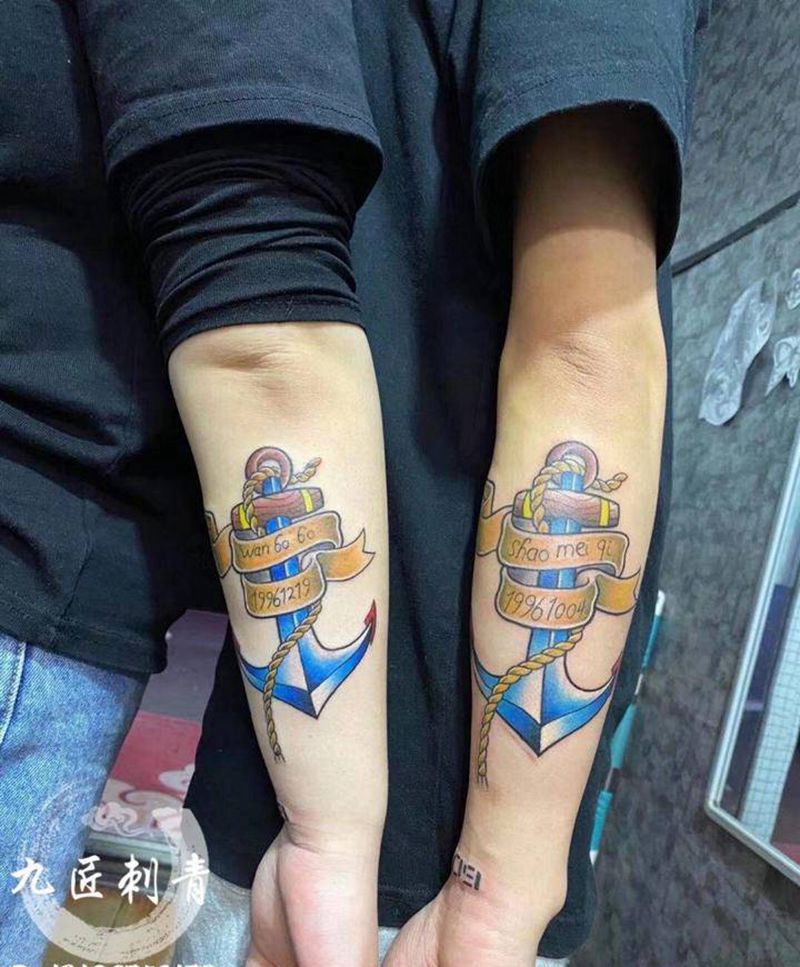 船锚纹身图片_手臂手部Old School水彩情侣纹身纹身图案
