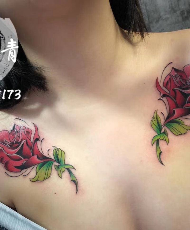 锁骨花纹身图片_胸部Old School玫瑰纹身图案