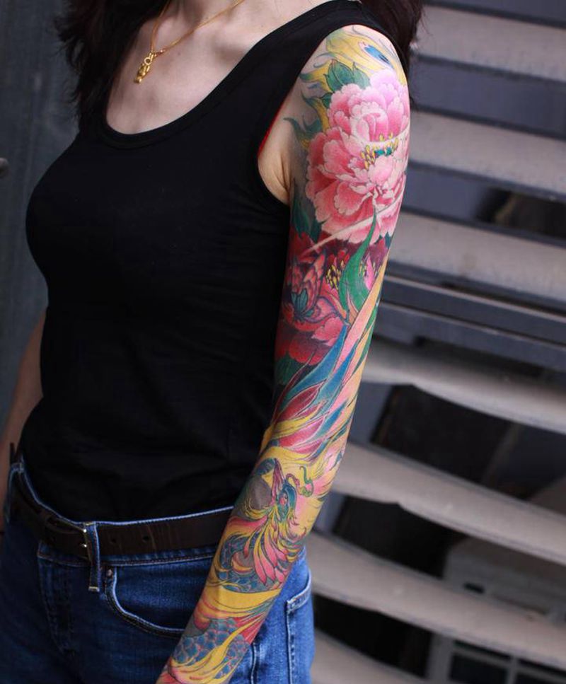 凤凰牡丹纹身图片_手臂新传统凤凰牡丹志永刺青纹身图案