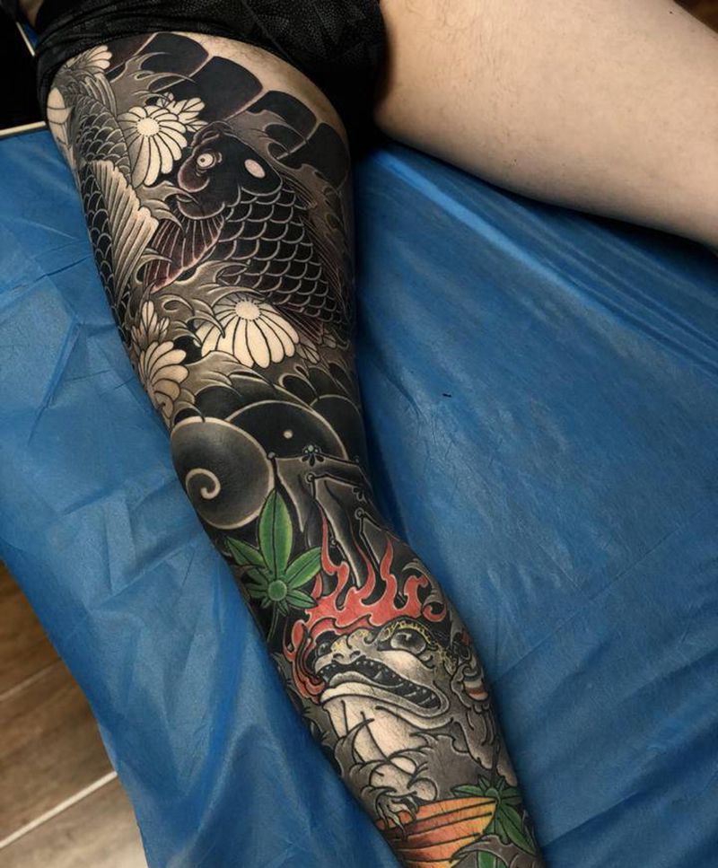 花腿纹身图片_腿部老传统新传统纹身图案