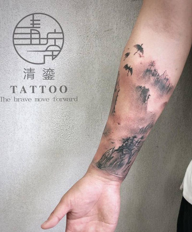 山水包小臂纹身图片_手臂水墨纹身图案