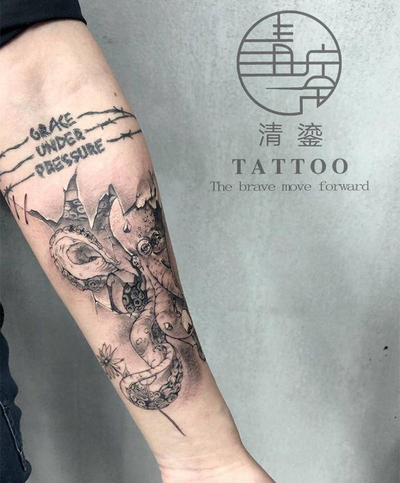 章鱼纹身图片_手臂欧美写实纹身图案