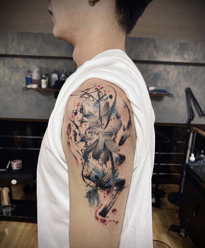 水墨莲花纹身图片_手臂水墨纹身图案