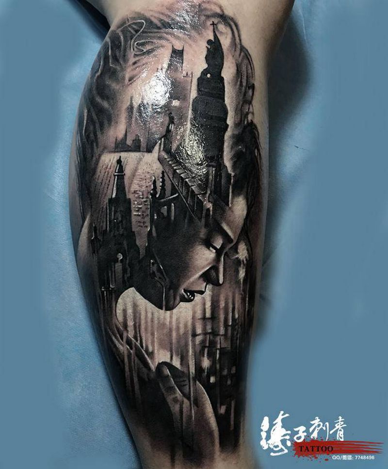城市纹身图片_腿部欧美写实纹身图案