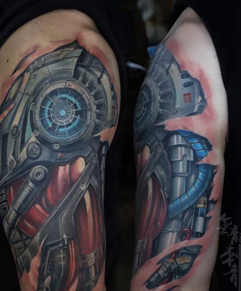 机器臂纹身图片_肩部欧美写实纹身图案