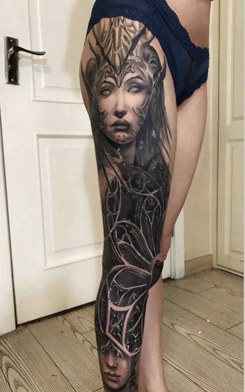 祭祀纹身图片_腿部欧美写实纹身图案
