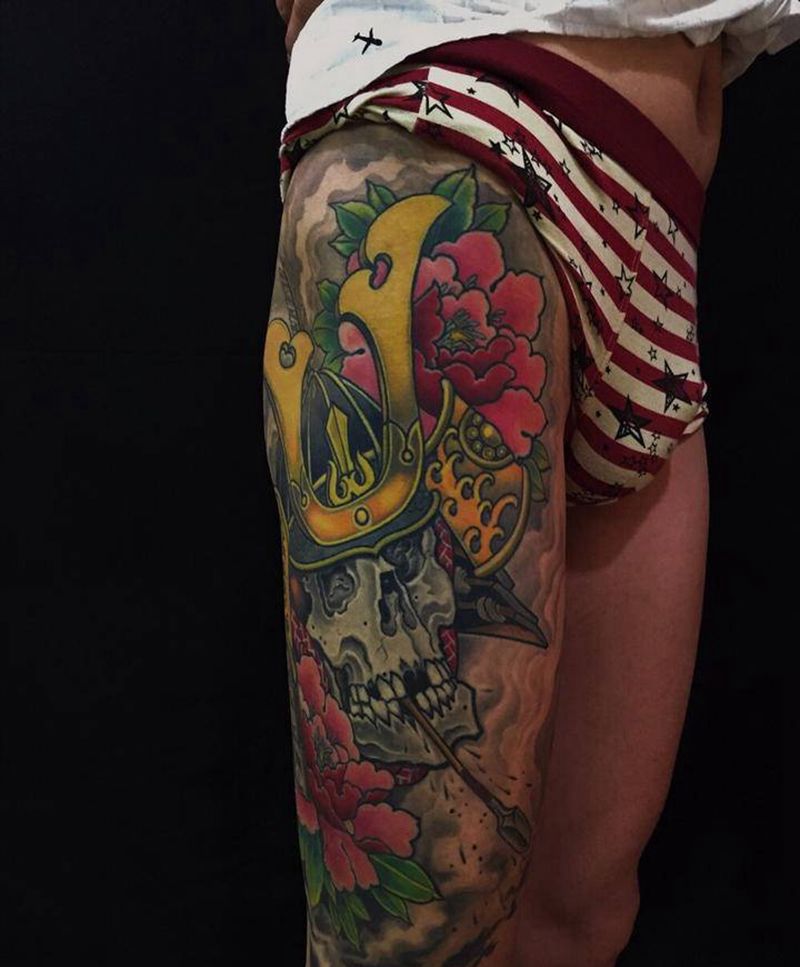 骷髅武士纹身图片_腿部新传统纹身图案