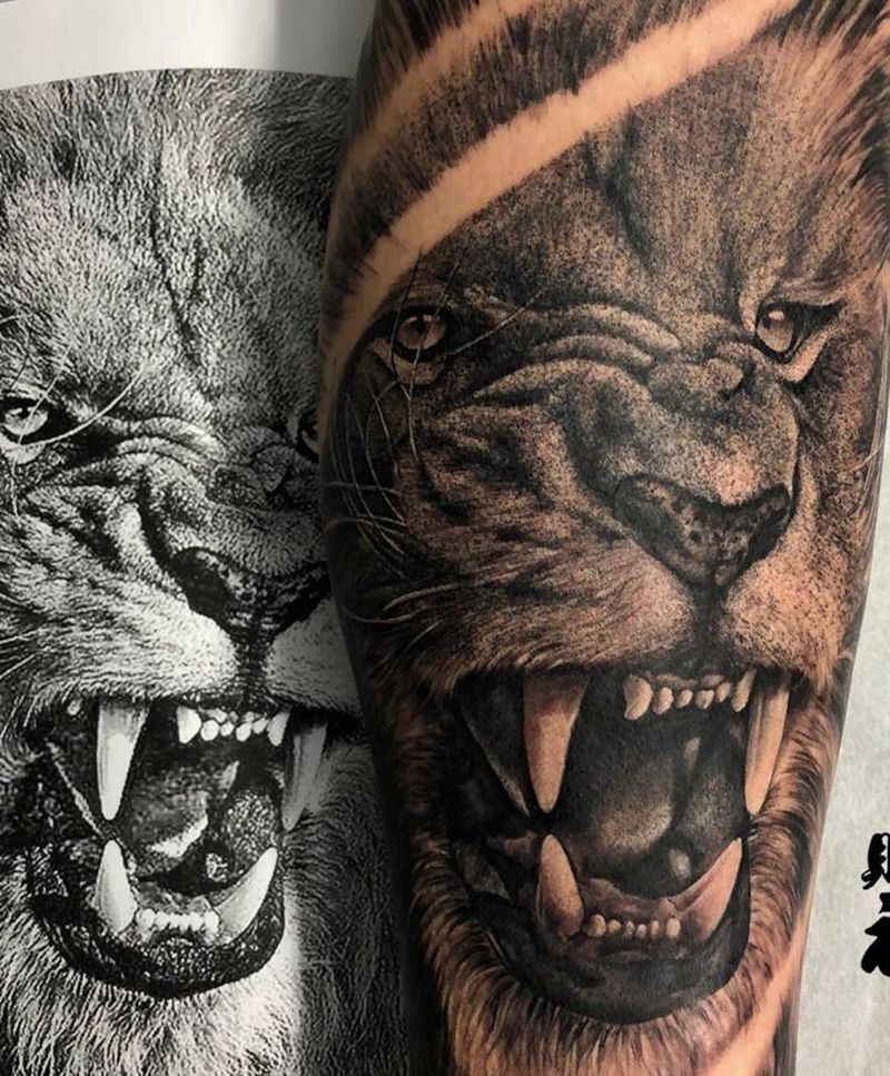 狮子纹身图片_手臂腿部欧美写实纹身图案