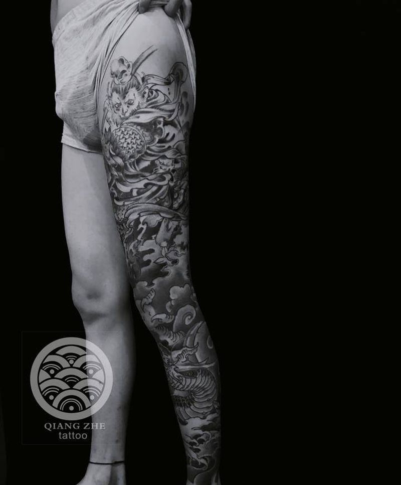 悟空空大战一条龙龙纹身图片_新传统纹身图案