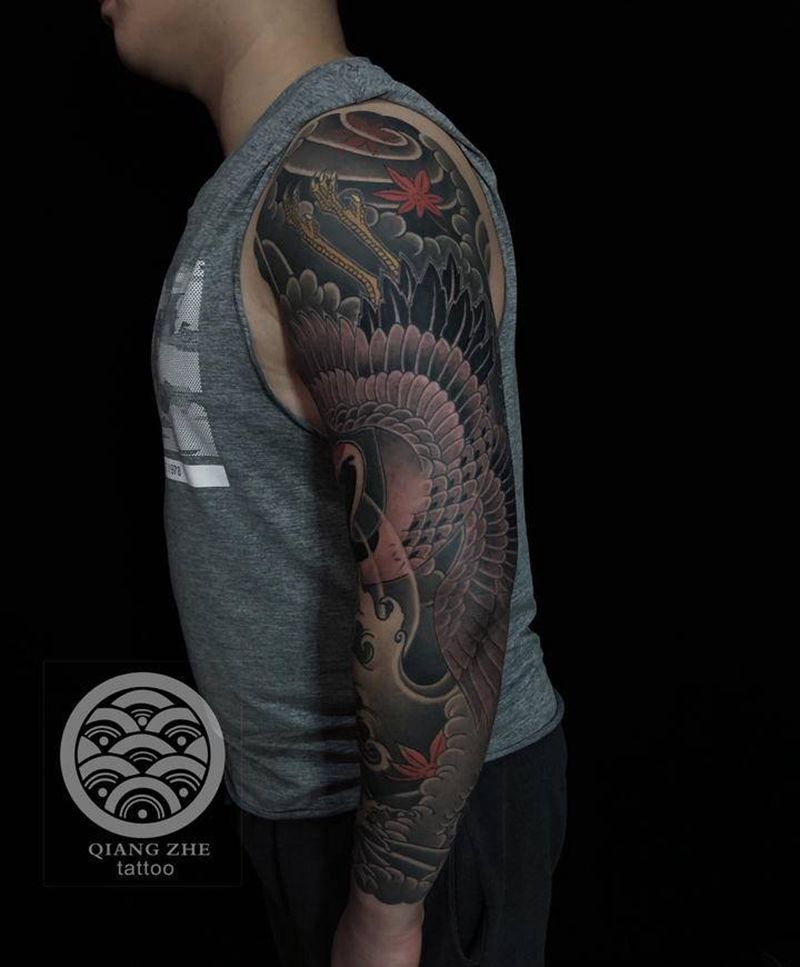 鹤，老传统花臂纹身图片_老传统纹身图案